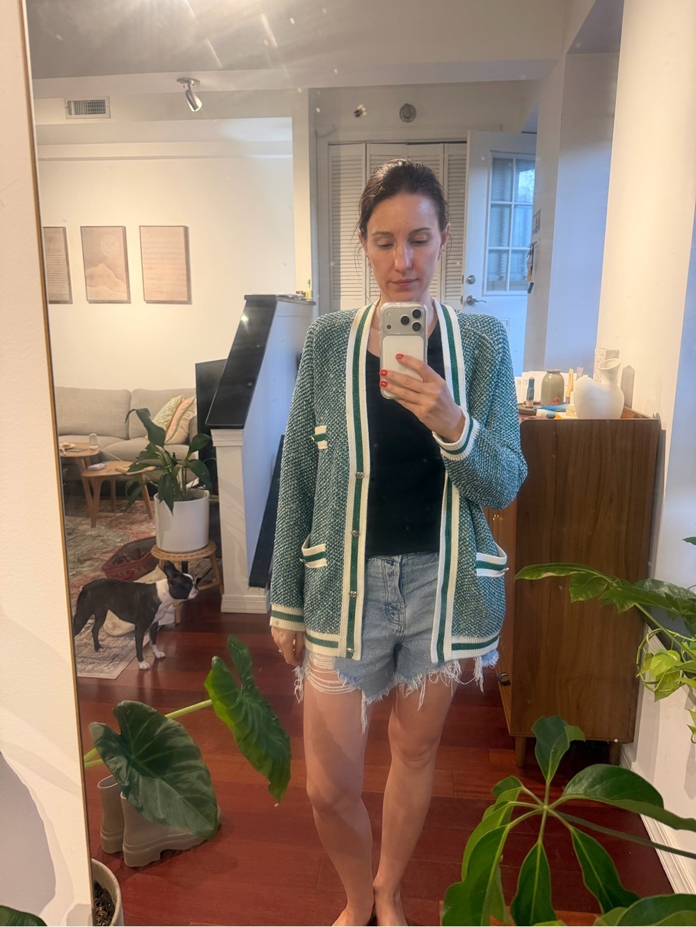 Maje Green Textured Open-Front Cardigan Jacket
